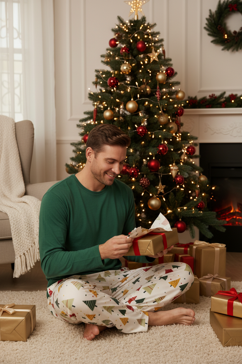 White man wearing the Spring Christmas Tree men’s pajama pants fully covered while opening a holiday gift