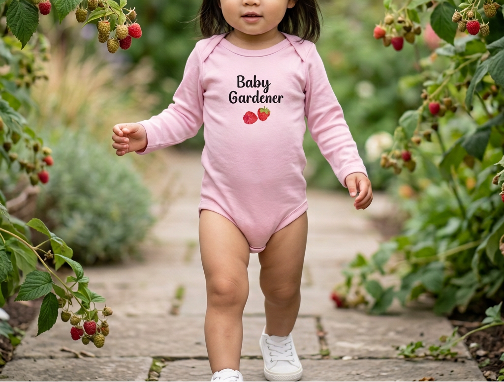 A toddler girl walking on a stone path surrounded by green plants and red berries, wearing a light pink long-sleeve bodysuit with 'Baby Gardener' and a strawberry graphic printed on the front.