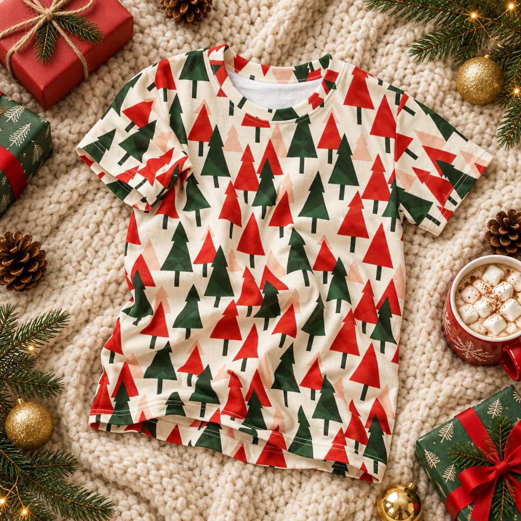Christmas Tree kids pajama top with red and green tree print on a cozy knit blanket with gifts and cocoa