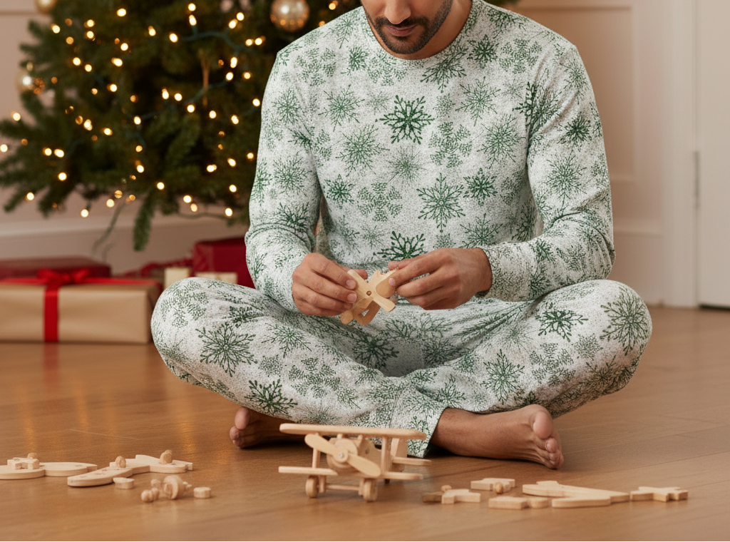 South Asian man wearing Green Snowflake pajamas while assembling a wooden toy