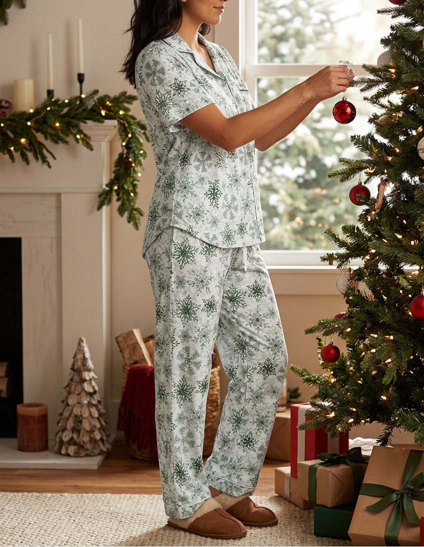 Green Snowflake short sleeve pajama top styled with matching pants