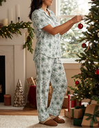 Green Snowflake short sleeve pajama top styled with matching pants