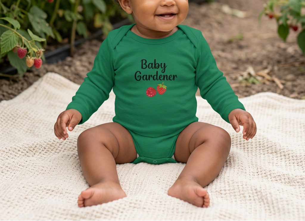 A baby sitting outdoors on a cream blanket in a raspberry garden, wearing a green long-sleeve bodysuit with 'Baby Gardener' and small red flowers printed on the chest.