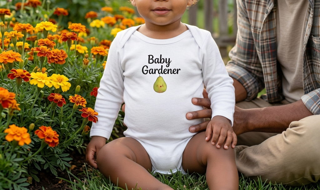 A baby wearing a white long-sleeve bodysuit with 'Baby Gardener' and a pear graphic printed on the chest, sitting on grass next to a man in a garden with orange and yellow flowers.
