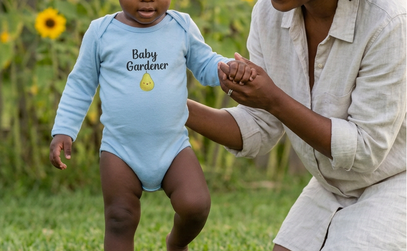 A baby wearing a light blue long-sleeve bodysuit with 'Baby Gardener' and a small yellow pear graphic walks outdoors while holding an adult's hand. The background features a lush green lawn and a field of sunflowers.