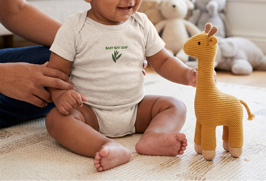 Baby modeling the light neutral Baby Bay Leaf onesie.