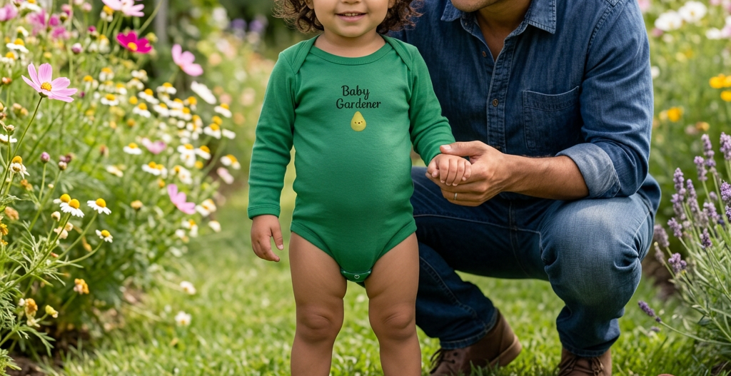 A man in a blue denim shirt and jeans crouches in a garden next to a young toddler wearing a green long-sleeve bodysuit with 'Baby Gardener' printed on the chest. The toddler is smiling and holding the man's hand, with gardening gloves and a small trowel on the grass nearby.