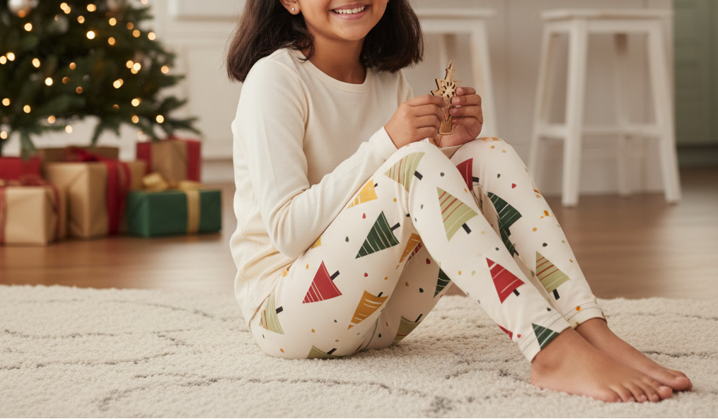 South Asian child wearing Spring Christmas leggings with a cream top in a bright holiday family room