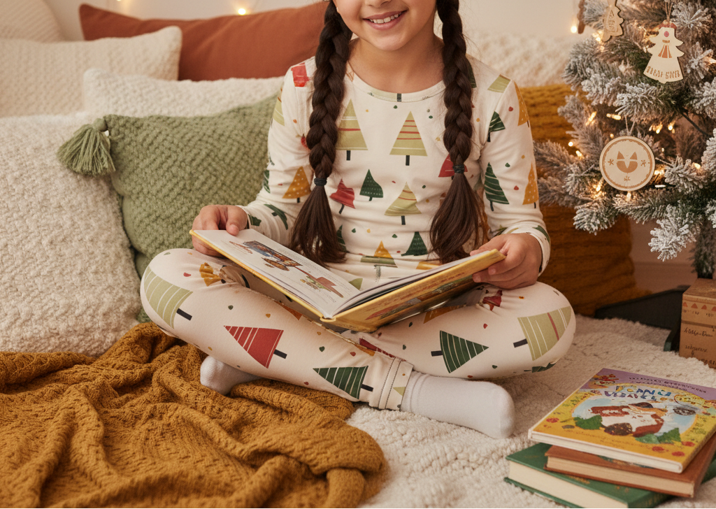 Arab child wearing Spring Christmas leggings with a matching printed top in a holiday reading nook