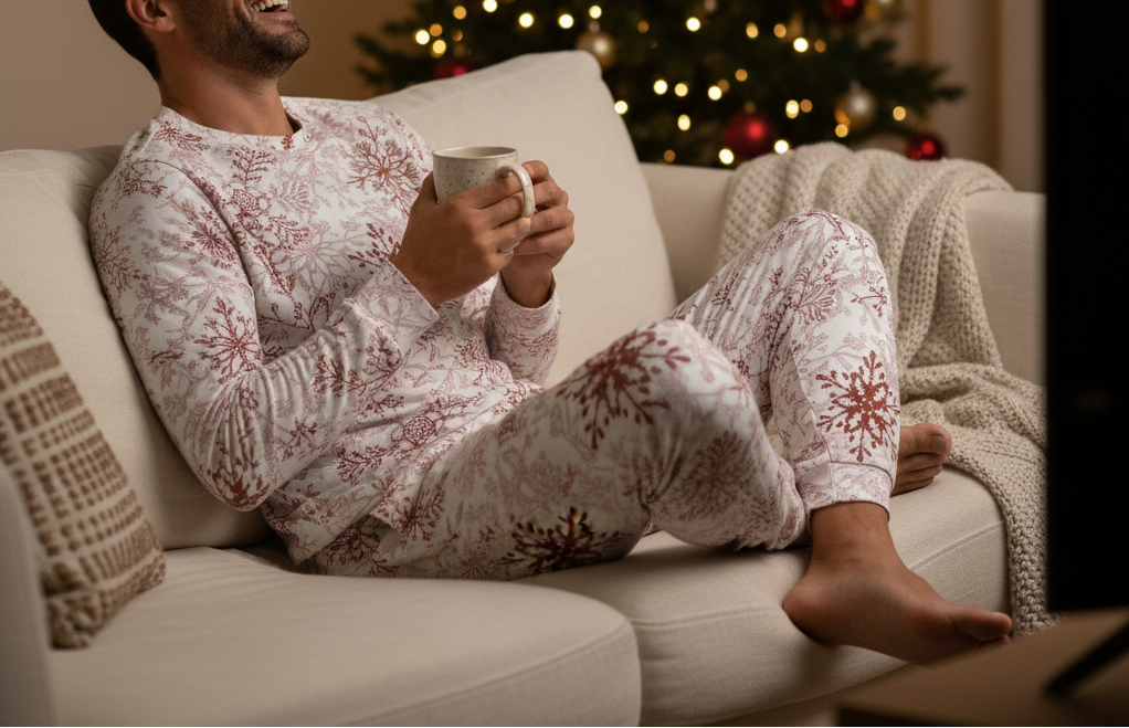 Middle Eastern man in pocket-free red snowflake pajamas relaxing with a holiday movie