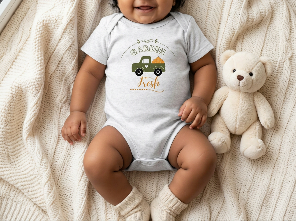 Baby wearing an Ash Garden Fresh onesie beside a plush bear, with hands clear of the printed design.