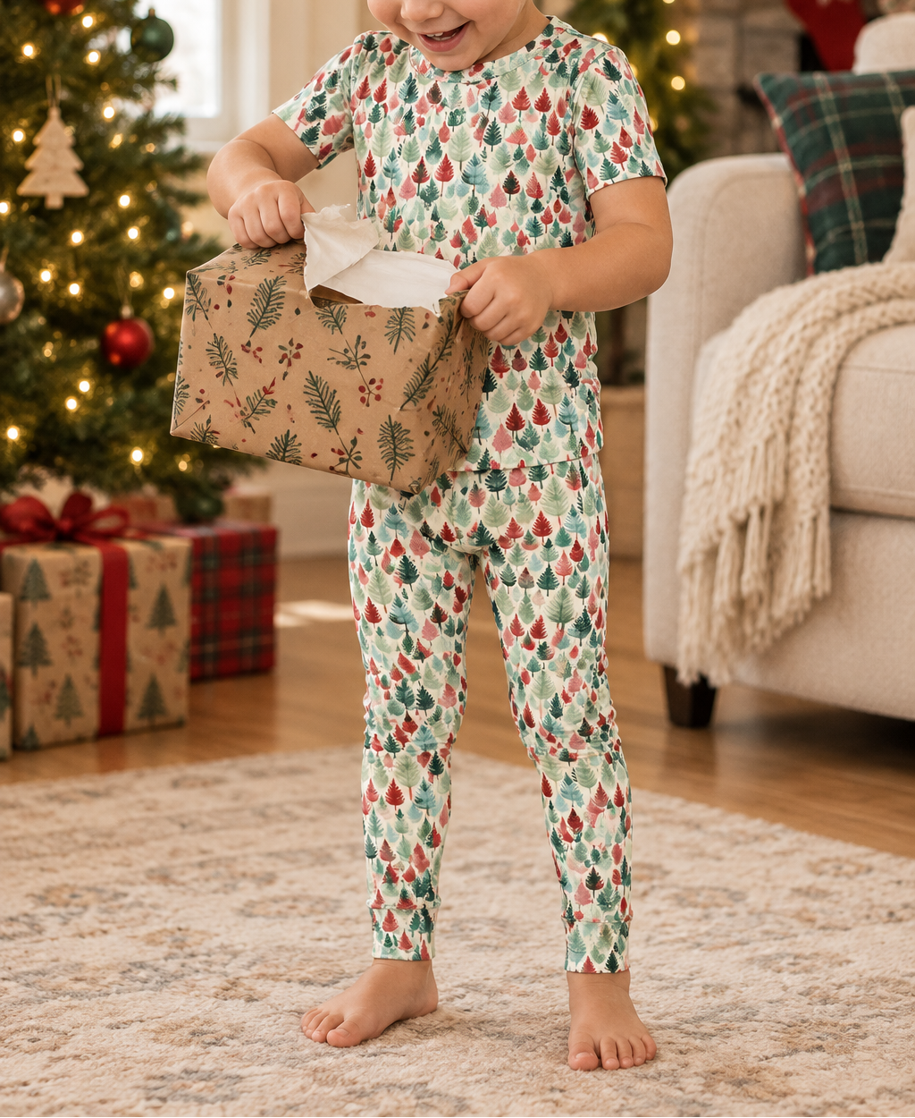 Toddler in matching Leafy Dreams pajamas opening a present