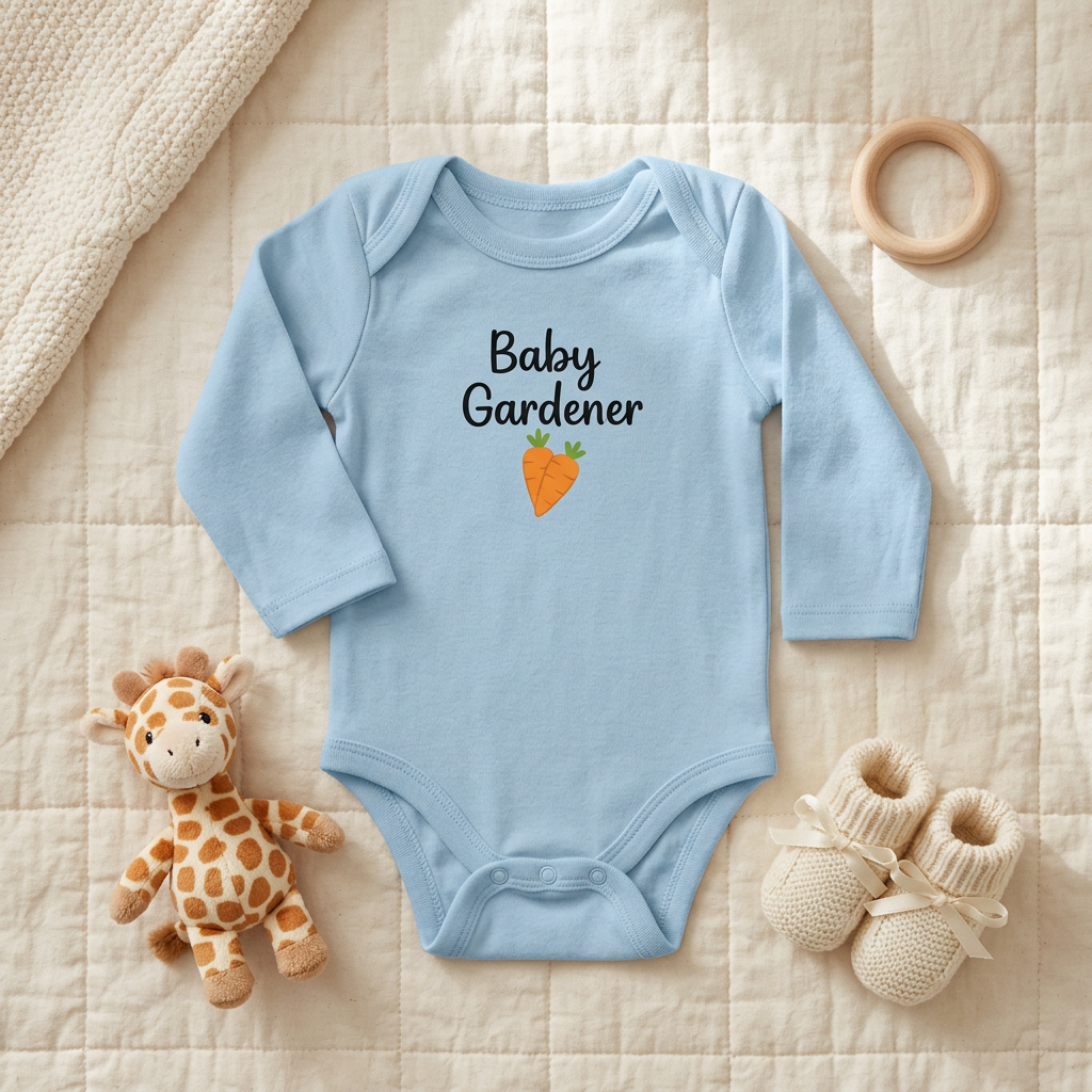 A light blue long-sleeve baby bodysuit with 'Baby Gardener' and a carrot graphic printed on the chest, styled in a flat lay on a cream quilted blanket with a giraffe toy, knit booties, and a wooden ring.