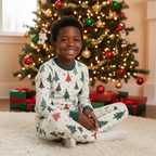Black child wearing blue Christmas leggings with a matching printed top in a cozy living room