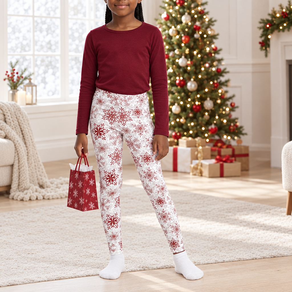 Child wearing Red Snowflake kid pajama leggings by a festive window