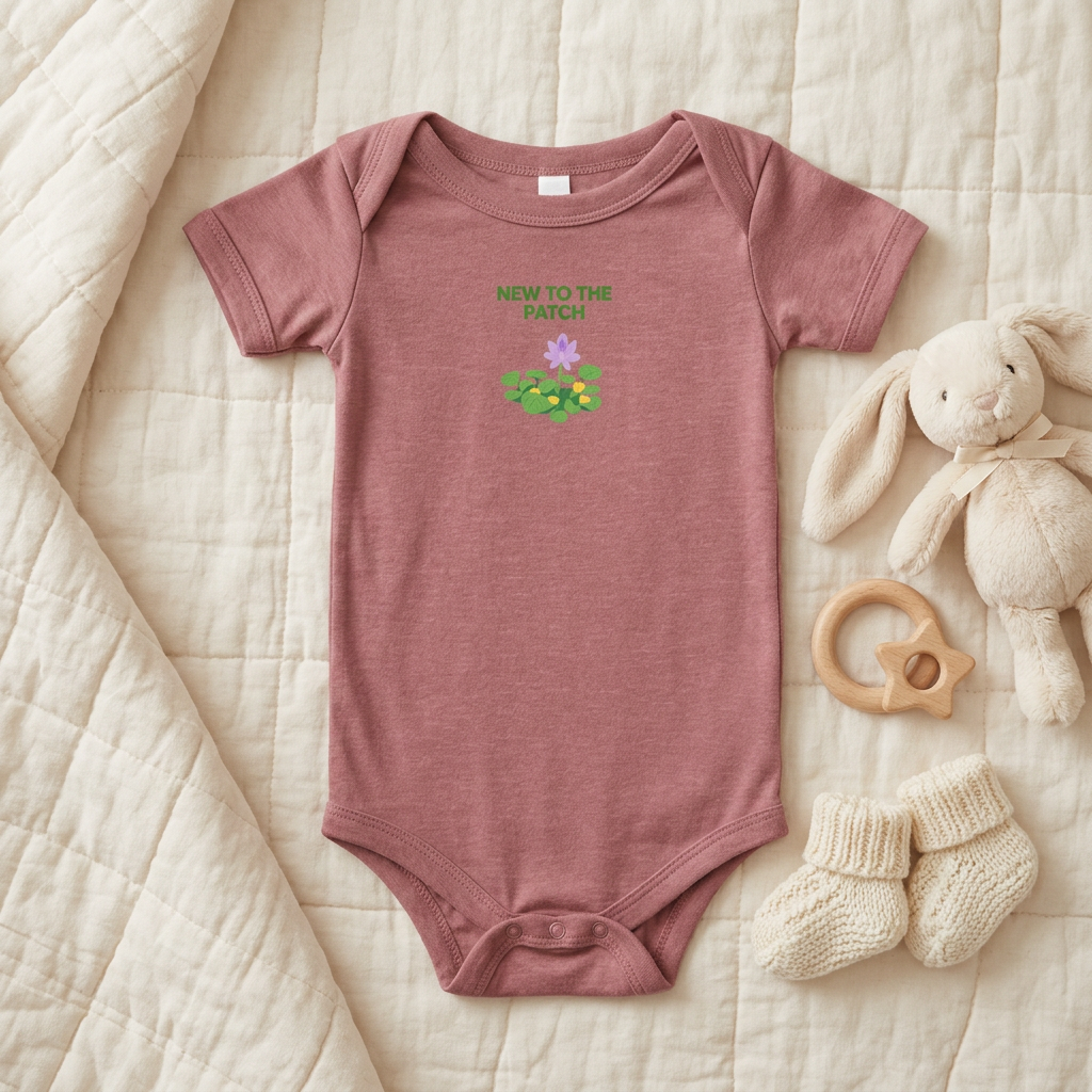 Heather mauve New to the Patch flower baby onesie styled with baby accessories.