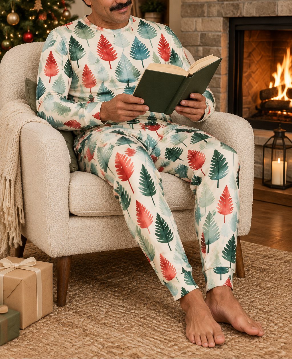 Man wearing Leafy Dream Christmas tree pajamas while reading by the fireplace