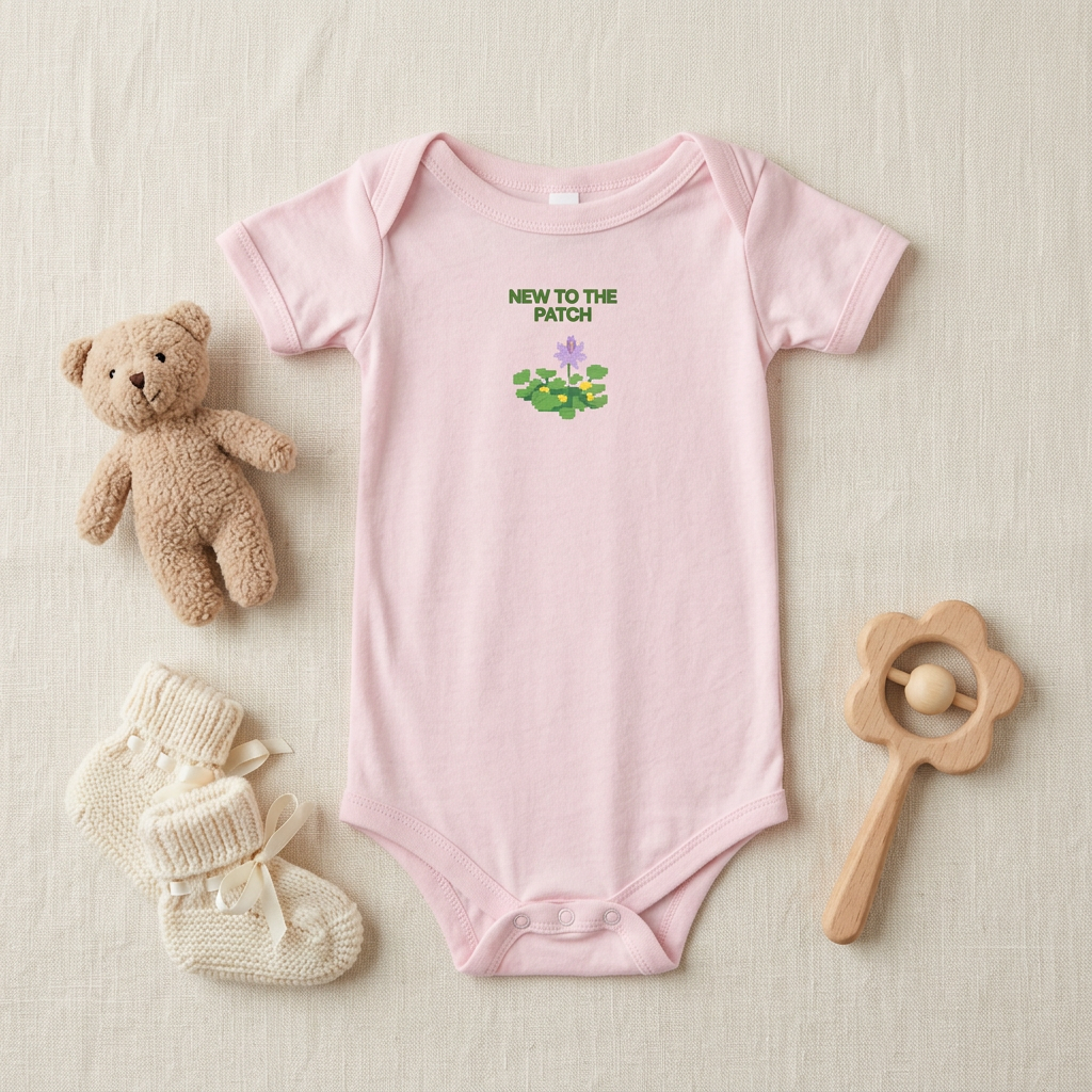 Pink New to the Patch flower baby onesie styled with baby accessories.