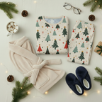 Folded Blue Christmas all-over print men’s pajama top and pants with a cream robe, navy slippers, cocoa, glasses, pinecones, and greenery