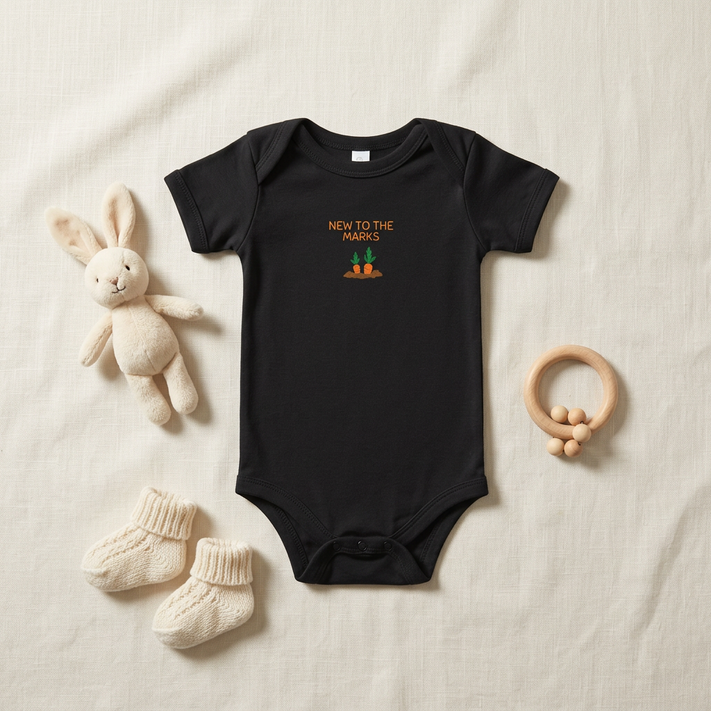 Black Lil Carrot New to the Patch short-sleeve onesie styled with baby accessories