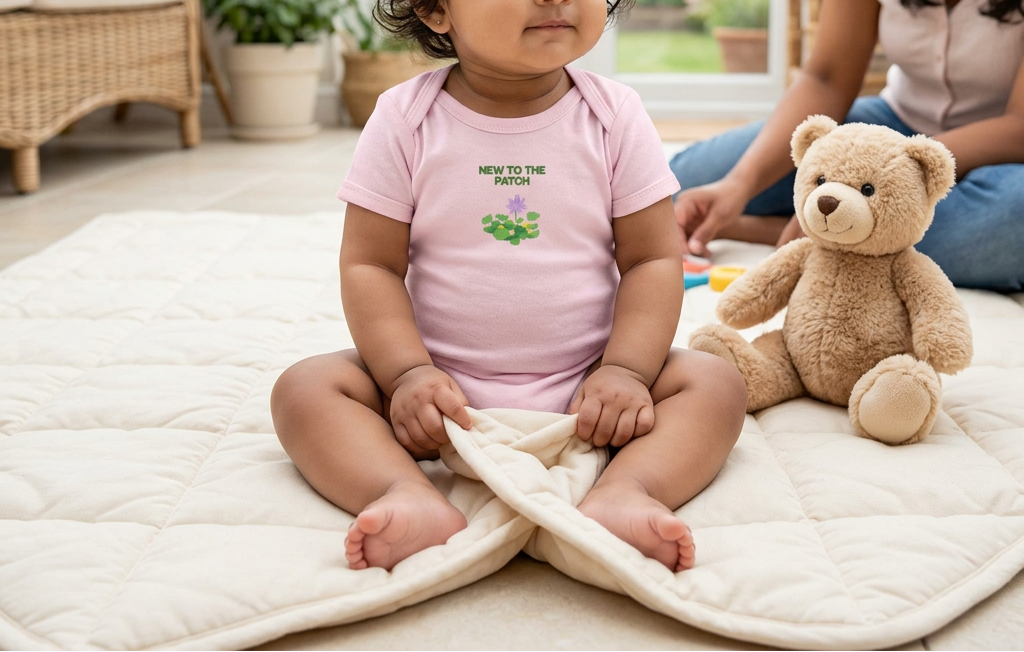 Baby wearing pink New to the Patch flower onesie indoors.