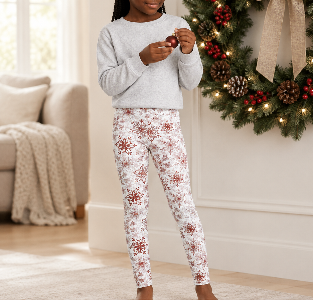 Child wearing Red Snowflake kid pajama leggings beside a holiday wreath