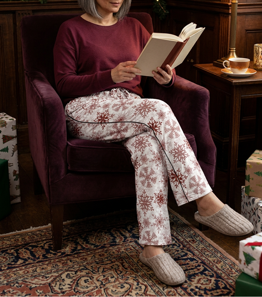 Woman reading in a library wearing Red Snowflake pajama pants and a burgundy lounge top