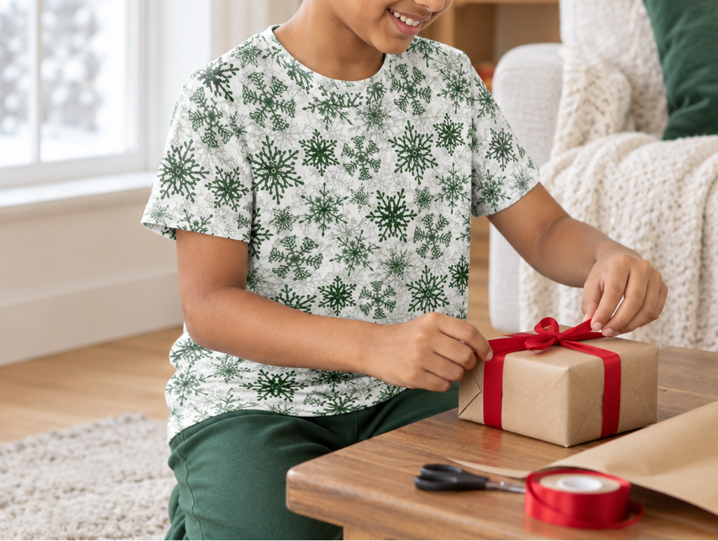 Child wearing green snowflake kids pajama top while wrapping a gift