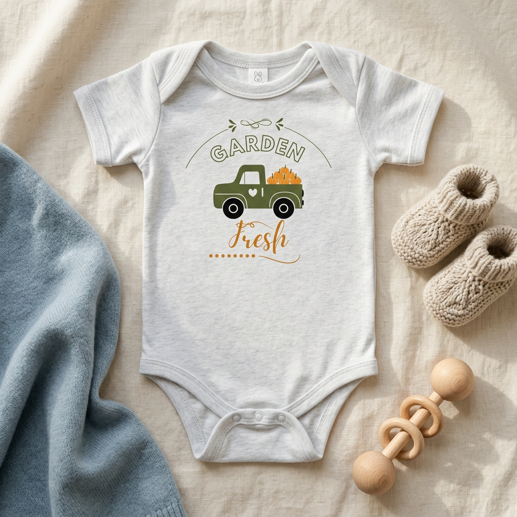 Ash Garden Fresh baby onesie styled with dusty blue blanket, knitted booties and wooden rattle.