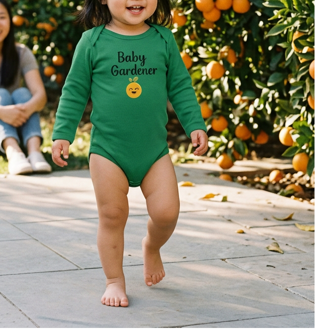 Toddler wearing green Baby Gardener Orange Onesie in a citrus garden