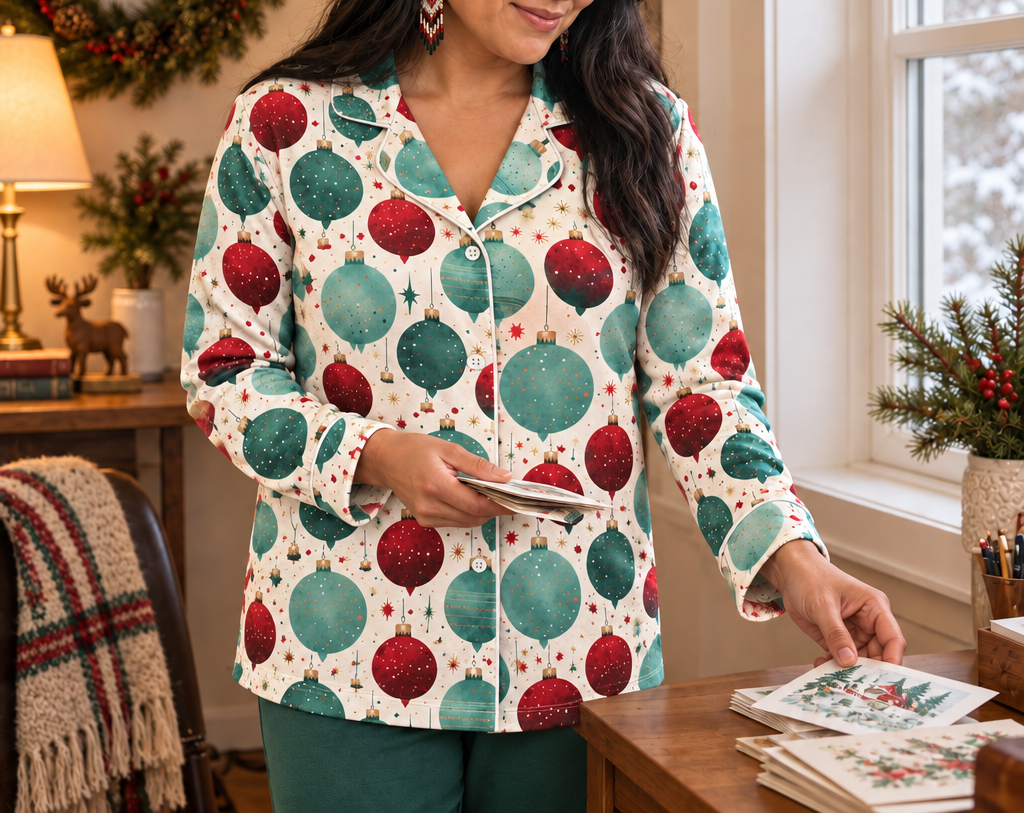 Woman arranging holiday cards in ornament print pajama top