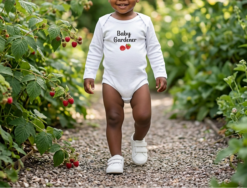 A smiling toddler walking on a gravel path in a garden, wearing a white long-sleeve bodysuit with 'Baby Gardener' and strawberry graphics on the front.