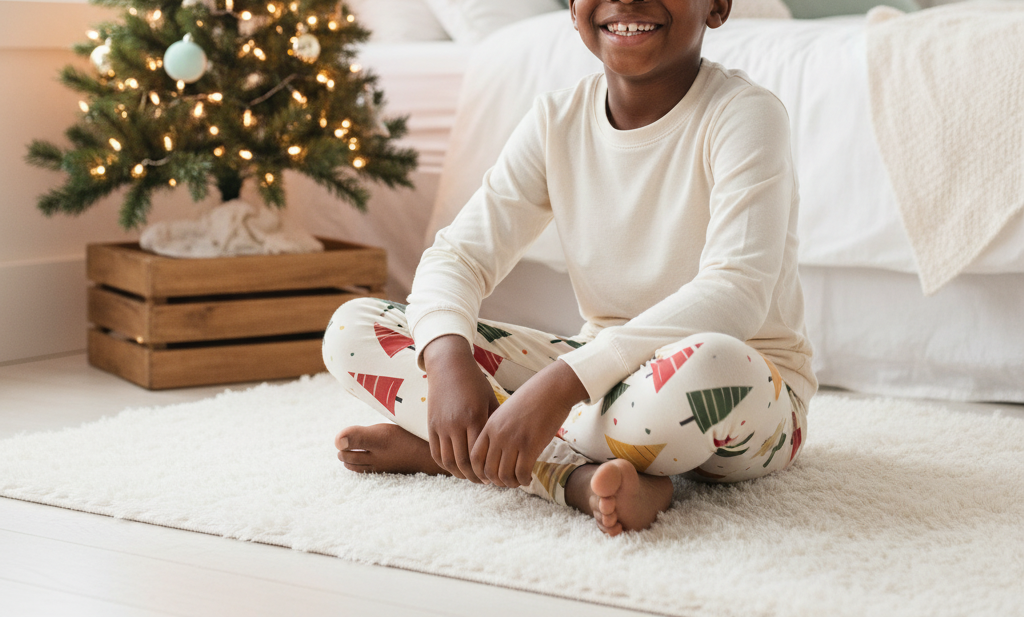 Black child wearing Spring Christmas leggings in a bright indoor holiday bedroom