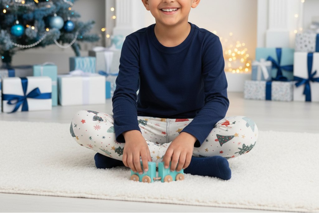 South Asian child wearing blue Christmas leggings with a navy top in an indoor Christmas playroom
