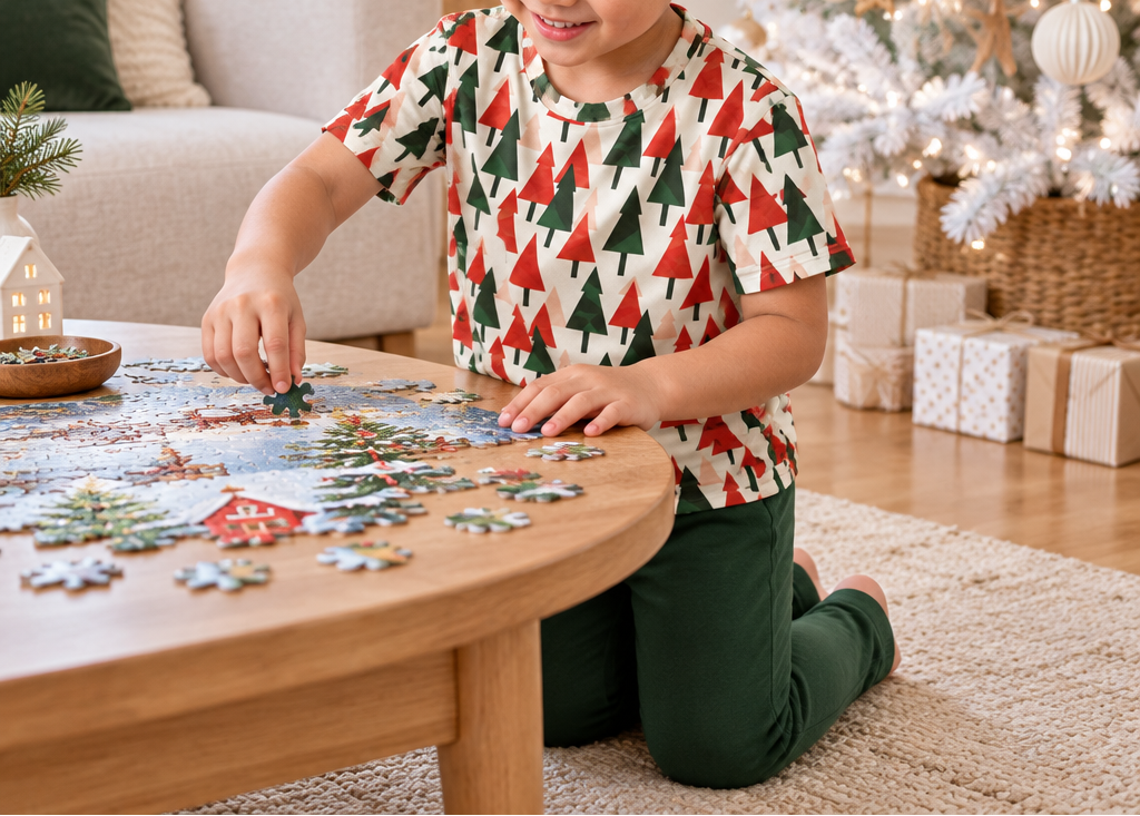 Child in Christmas Tree kids pajama top doing a Christmas puzzle