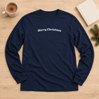 Navy Merry Christmas long sleeve tee flat lay with cocoa and a book
