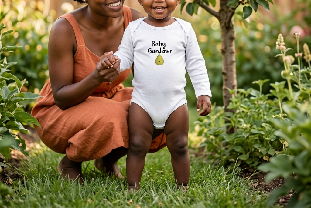 A woman crouches in a garden next to a toddler wearing a white long-sleeve bodysuit with 'Baby Gardener' and a pear graphic printed on the front.