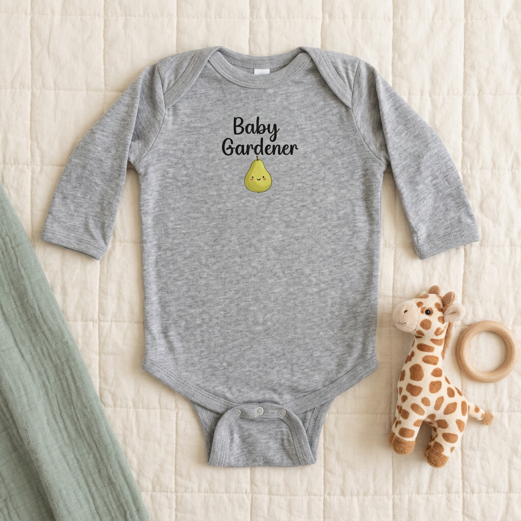 Heather gray Pear onesie flat lay