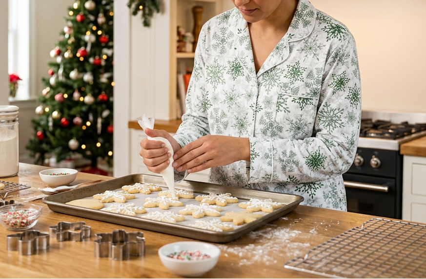 Green Snowflake Women's Long Sleeve Pajama Top while icing cookies