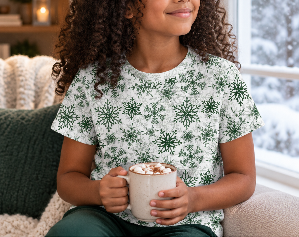 Child wearing green snowflake kids pajama top enjoying cocoa by a winter window
