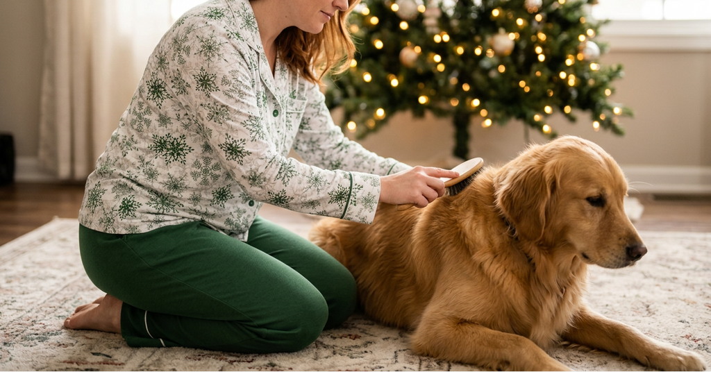 Green Snowflake Women's Long Sleeve Pajama Top while brushing a dog