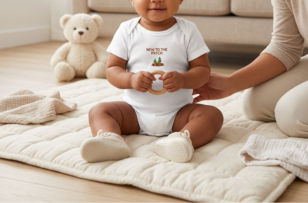 White Lil Carrot New to the Patch baby onesie lifestyle image