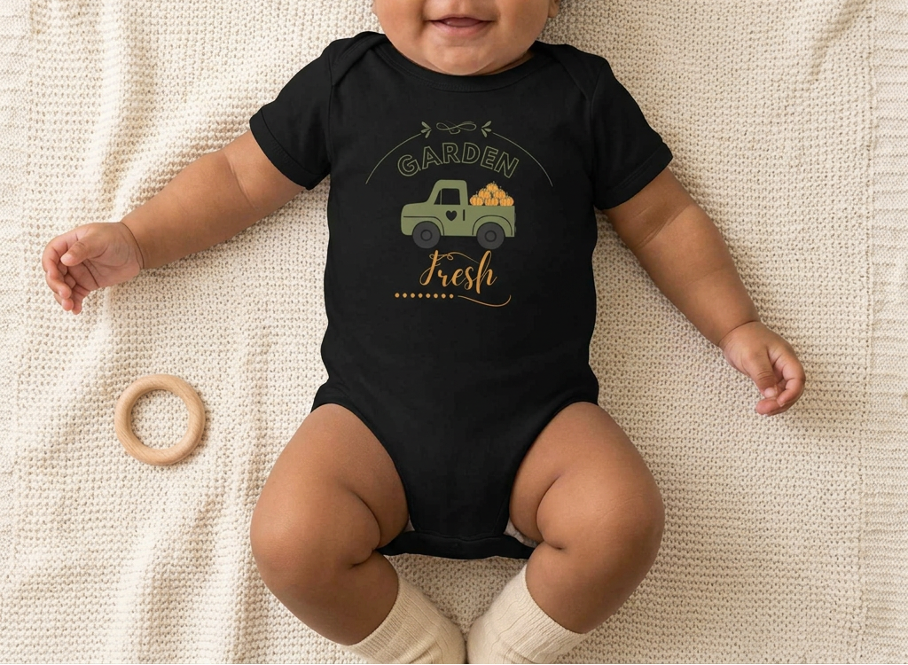 Baby wearing a black Garden Fresh onesie beside a wooden teething ring, with the chest design visible.