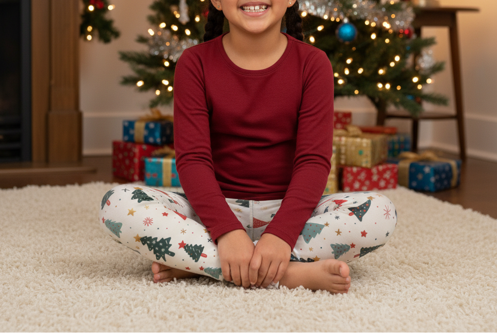 Latina child wearing blue Christmas leggings with a red top in a holiday family room
