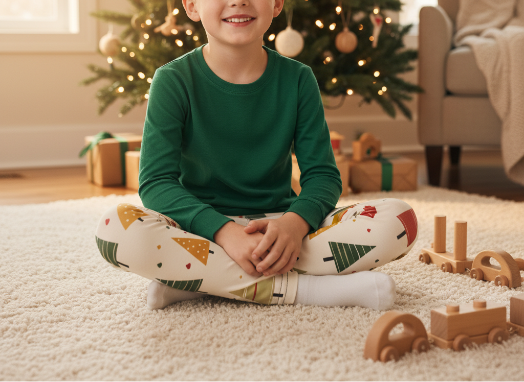 White child wearing Spring Christmas leggings with a green top in a holiday family room