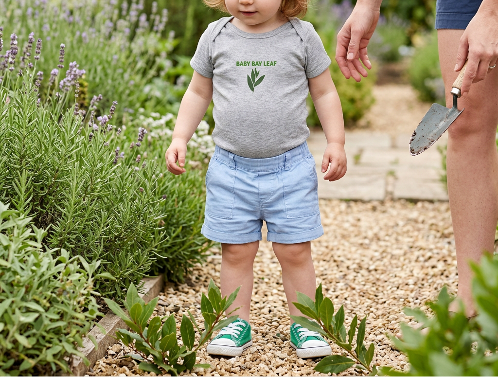 Toddler modeling the gray Baby Bay Leaf onesie.
