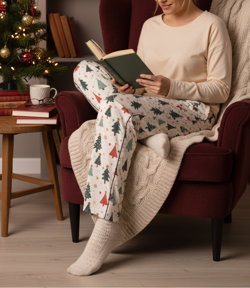 White woman wearing the Blue Christmas women’s pajama pants in a Christmas reading nook