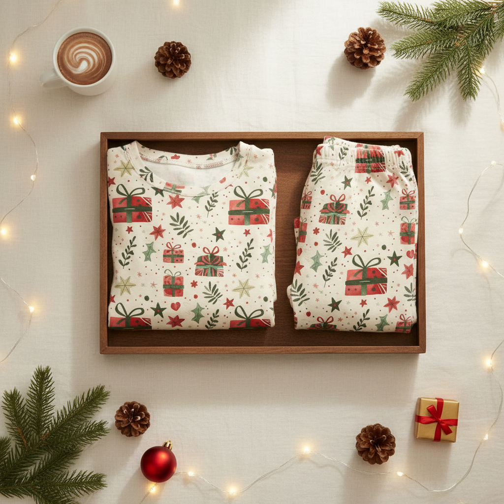 Folded Christmas Present men’s pajama top and matching pocketless pants in a wooden split tray with cocoa, greenery, gifts, and warm lights