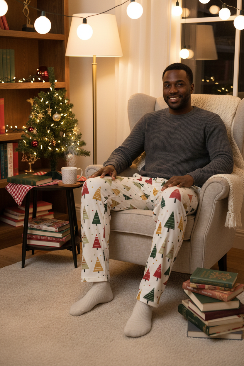 Mixed race man wearing the Spring Christmas Tree men’s pajama pants fully covered in a Christmas reading nook