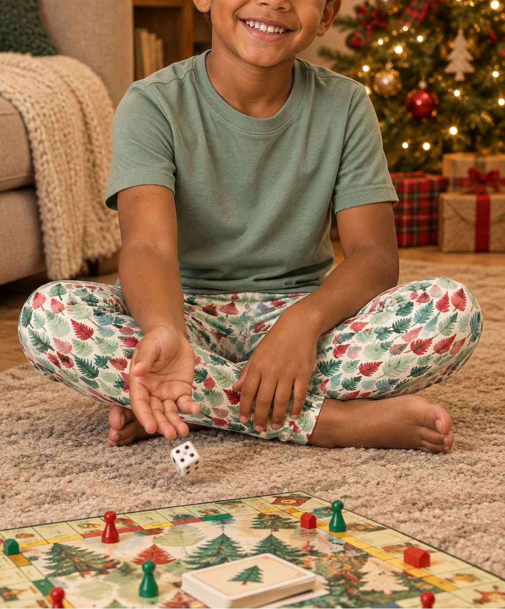 Boy in Leafy Dreams leggings playing a board game by the Christmas tree